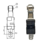 Micro Limit Switch With Momentary Roller Lever Arm SPDT 1NO 1NC 3 Pins 5A 125 and 250 VAC diagram and front view