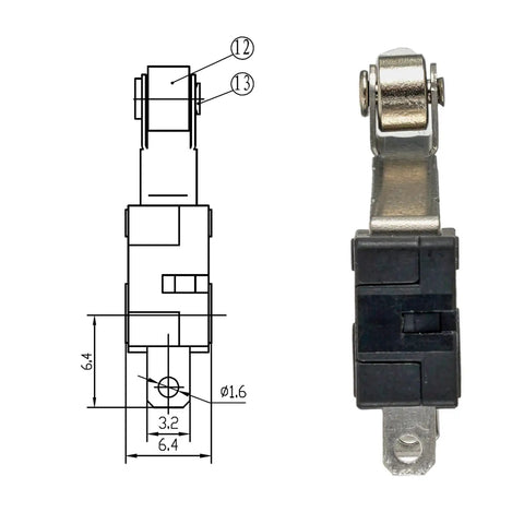 Micro Limit Switch With Momentary Roller Lever Arm SPDT 1NO 1NC 3 Pins 5A 125 and 250 VAC diagram and front view