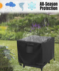 Weatherproof 600D Heavy Duty Square Fire Pit Cover 28 By 28 Inches for Propane Fire Pits on a rainy outdoor patio