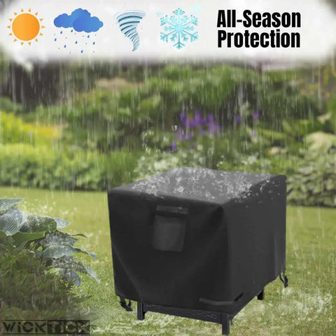 Weatherproof 600D Heavy Duty Square Fire Pit Cover 28 By 28 Inches for Propane Fire Pits on a rainy outdoor patio