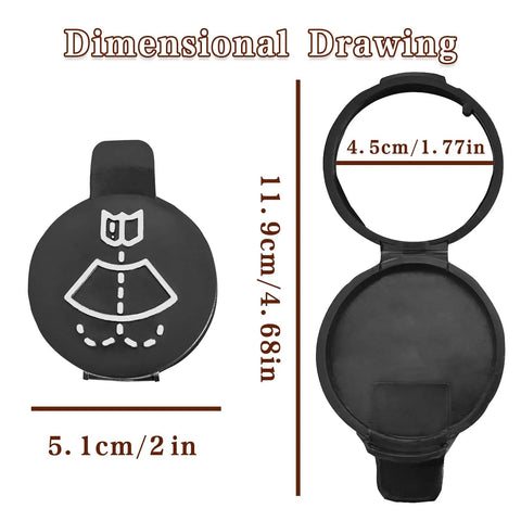 Washer Fluid Reservoir Cap Replacement dimensions showing 11.9cm x 5.1cm for windshield wiper bottle cover.