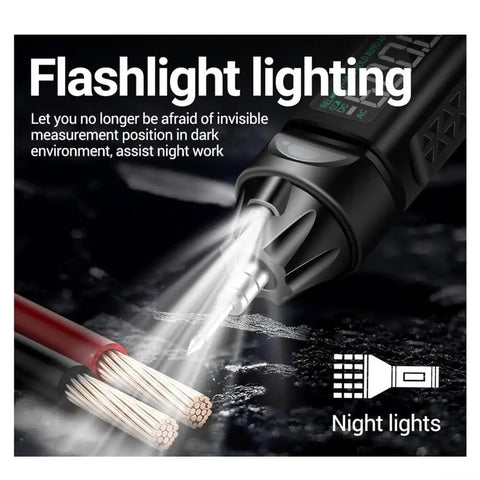 Grab And Go Handy Digital Multimeter Pen With Voice Readouts A3009 showing built-in flashlight in use at night.