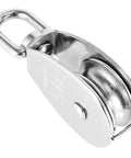 M50 Single Pulley Block 4 Pack Heavy Duty Stainless Steel Pulley System With 881 Lb Load Capacity, silver, side view.