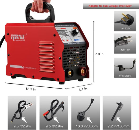 Heavy Duty Arc Welder With Lift TIG Function And Digital IGBT Inverter, dimensions 12.1 x 5.1 x 7.9 inches with accessories.