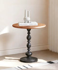 Vintage Round End Table With Solid Wood Top And Metal Base 15 Inch Wide Modern Side Table in living room with decor items