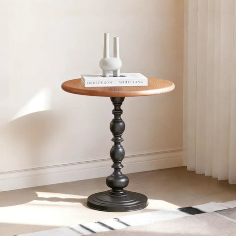 Vintage Round End Table With Solid Wood Top And Metal Base 15 Inch Wide Modern Side Table in living room with decor items