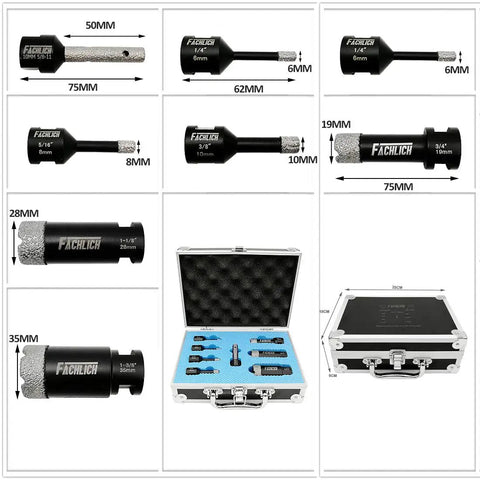 Diamond Core Drill Bit Set For Tiles And Stone - 19mm, 28mm, 35mm, 45mm, 51mm Hole Saw Kit With 20mm Milling Bit in carry case