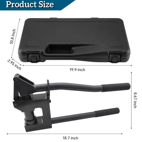 Manual Lever Sheet Metal Hole Punch Kit for 20Gauge Steel with carrying case and punch tool, showing dimensions.