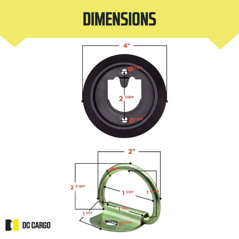 Heavy Duty Flush Mount D Rings 10 Pack Slick Flat Fit Rock Solid Galvanized Steel Trailer Cargo Tie Downs dimensions diagram.