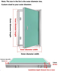 Premium Heavy Duty Aluminum Drywall Access Panel With Paintable Flap showing dimensions for installation and usage guidelines.