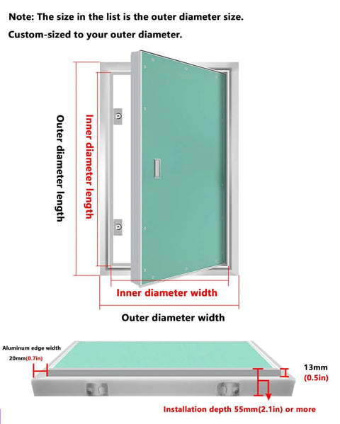 Premium Heavy Duty Aluminum Drywall Access Panel With Paintable Flap showing dimensions for installation and usage guidelines.