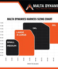 Malta Dynamics harness sizing chart showing sizes Small/Medium to 3XL based on height and weight for Warthog Tongue And Buckle Full Body Fall Protection Harness With X Pad, ANSI Z359.11 Compliance, Padded Back Support, D Ring, Adjustable Fit, Durable Construction For Construction Pros And Crews On Tough Jobs.