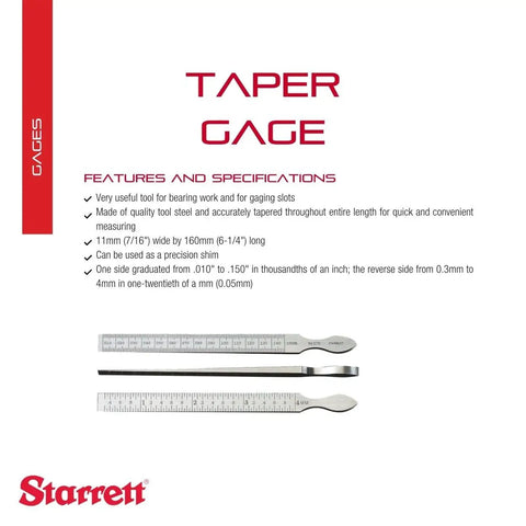 Precision Taper Gauge for Hole and Slot Measurement, Range 0.010 to 0.150 Inch, 6 1/4 Inch Length, Tool Steel