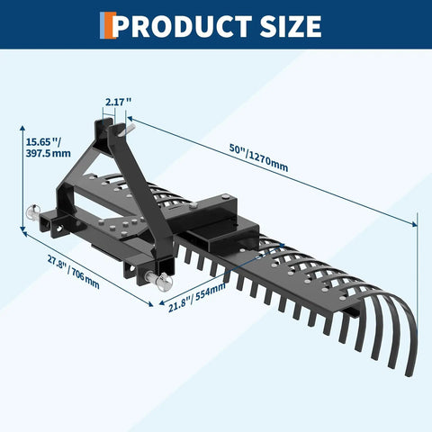 Tow Behind Dethatcher 50 Inch Wide With 18 Steel Tines, 3 Point Lawn Dethatcher Rake dimensions diagram