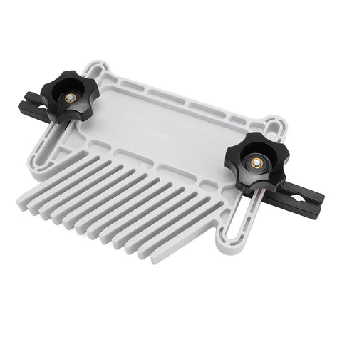 Hella Adjustable Featherboard For Tablesaw And Band Saw With Rock Solid Grip Safety Lock System, white ABS board with black clamps.