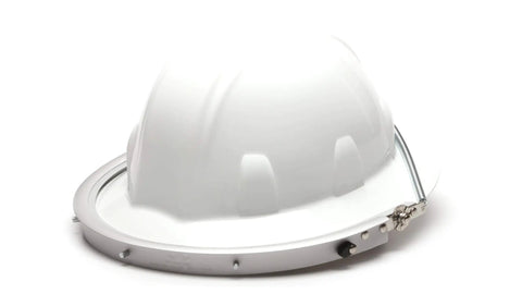 Aluminum Full Brim Hard Hat Face Shield Adapter That Keeps Your Shield Locked In For Real shown on white hard hat