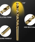 Badass M35 Cobalt Drill Bit Set Five Piece 3/8 Inch HSS Twist Bits showcasing 135° split point and round handle design.