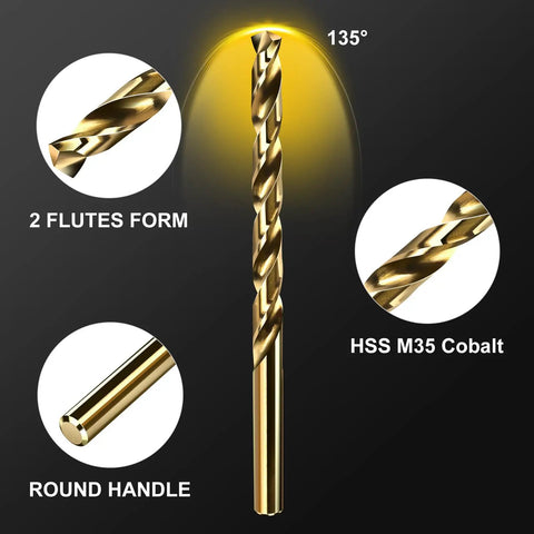 Badass M35 Cobalt Drill Bit Set Five Piece 3/8 Inch HSS Twist Bits showcasing 135° split point and round handle design.