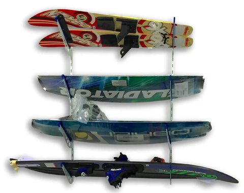 Heavy Duty Multi Level Water Ski Wall Rack Secures Four Pairs Of Skis Wakeboards And Wakesurfers With Scratch Free Padded Arms, displaying various water skis.