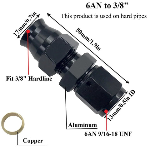 YSIL 6AN to 3/8 in hardline fitting adapter, aluminum, black, 2-pack