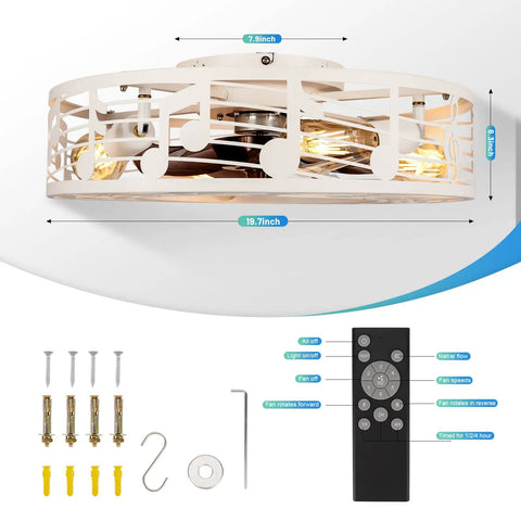 Enclosed Dope Modern 20 Inch Farmhouse Ceiling Fan With Light And Remote Low Profile White Finish displayed with installation kit
