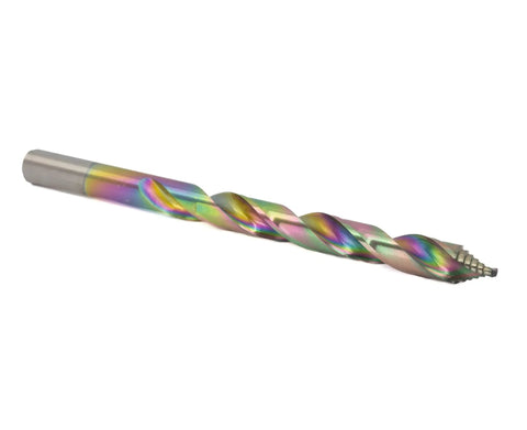One Quarter Inch Step Point HSS Drill Bit With 135 Degree Split Point Tip, M2 High Speed Steel, Three Flat Shank, Multicolor Finish