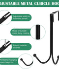 Two Pack Adjustable Cubicle Hooks Heavy Duty Double Coat Hangers For Partition Wall Panels Fits 1.3 To 3.6 Inch Thickness Black Metal Office Grab And Go Gear For Clothes Bags Keys And Umbrellas shown with installation details