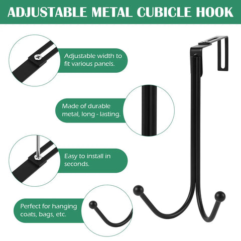 Two Pack Adjustable Cubicle Hooks Heavy Duty Double Coat Hangers For Partition Wall Panels Fits 1.3 To 3.6 Inch Thickness Black Metal Office Grab And Go Gear For Clothes Bags Keys And Umbrellas shown with installation details