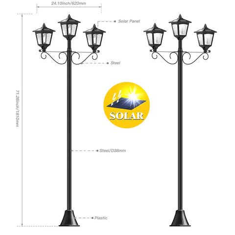 72 Inch Solar Lamp Post Lights Triple Head Outdoor Post Light For Garden Lawn And Planter Vintage Street Style With Easy Install And Upgraded Solar Panels Delivers 45 Lumens Total For A Bright Dope Nighttime Glow