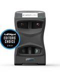 Front view of GCQuad Golf Launch Monitor with Quadrascopic Four Camera System, featuring award label, for indoor and outdoor use.