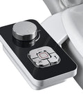 Must Have Non Electric Cold Water Bidet Toilet Seat Attachment With Pressure Controls And Retractable Self Cleaning Dual Nozzles For Front And Rear Wash In Black, showing control panel with adjustment knobs and buttons installed on toilet.