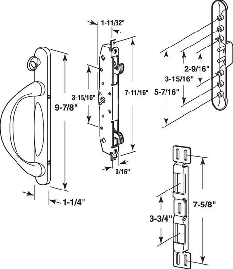 Diagram of Left Hand White Diecast Patio Door Handle Set With Mortise Lock, detailing dimensions and multipoint sliding door hardware.