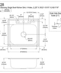 Technical diagram of Gourmetier Studio Self Rimming Single Bowl Kitchen Sink GKTS25228 in brushed stainless steel, 25x22x8 inches.