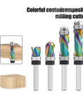 Premium Solid Carbide Compression Router Bit With Nano Coating For Precision Woodworking, 1/4 Inch Shank, 6.35X12.7X19mm profile cutters viewed from the front on a wood block.