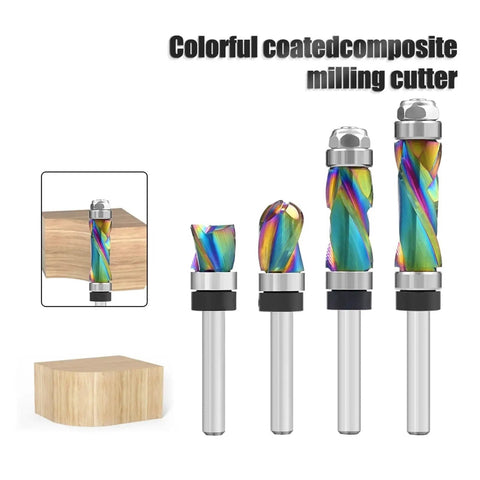 Premium Solid Carbide Compression Router Bit With Nano Coating For Precision Woodworking, 1/4 Inch Shank, 6.35X12.7X19mm profile cutters viewed from the front on a wood block.