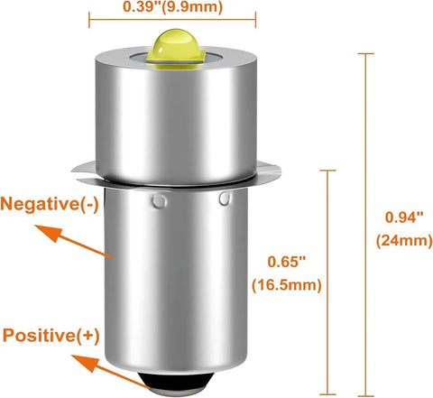 LED Flashlight Bulb Conversion Kit 12V 24V DC 3W P135S Base For Maglite And More with dimensions and polarity details