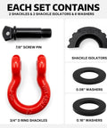 Beefed Up Heavy Duty D Ring Shackle Three Quarters Inch For Jeep And Truck Towing And Off Road Recovery, Drop Forged Steel, 45,000 Lb Breaking Strength, 4.75 Ton Tow Capacity, Screw Pin, Built For Trail Recovery And Heavy Duty Pulls. 3/4-inch D-ring shackle set with screw pin, isolators, and washers