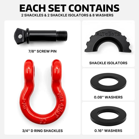 Beefed Up Heavy Duty D Ring Shackle Three Quarters Inch For Jeep And Truck Towing And Off Road Recovery, Drop Forged Steel, 45,000 Lb Breaking Strength, 4.75 Ton Tow Capacity, Screw Pin, Built For Trail Recovery And Heavy Duty Pulls. 3/4-inch D-ring shackle set with screw pin, isolators, and washers