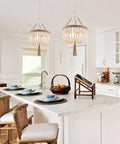 Kitchen with Boho Farmhouse Wood Beaded Pendant Light Fixture With Fringed White Beads 3 Light Rustic Chandelier