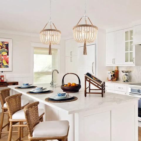 Kitchen with Boho Farmhouse Wood Beaded Pendant Light Fixture With Fringed White Beads 3 Light Rustic Chandelier