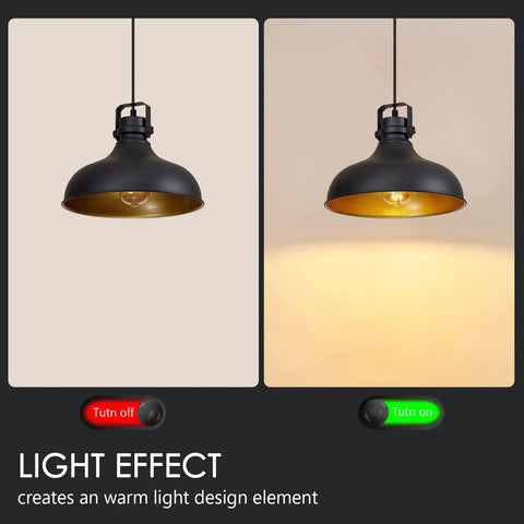 Black Farmhouse Pendant Lights Matte Finish Industrial Vintage Dome Hanging Light Fixtures showing light effect on and off