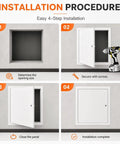 Installation procedure for Solid Aluminum Access Panel With Key Lock For Drywall And Ceilings shown in four steps.