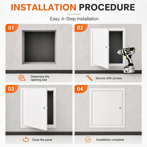 Installation procedure for Solid Aluminum Access Panel With Key Lock For Drywall And Ceilings shown in four steps.