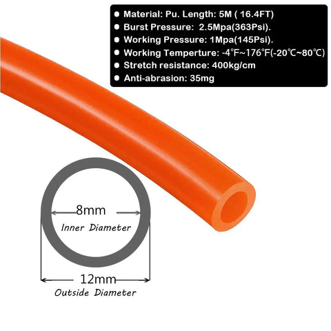 Orange PU Pneumatic Tubing Hose 12mm Outer Diameter 8mm Inner Diameter 16.4 Feet Long For Air Compressors And Fluid Transfer