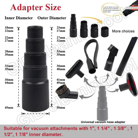 Diagram showing Universal Vacuum Attachment Kit With 1 7/8 Inch To 1 Inch Adapters, extension wand, brush set, crevice tool.
