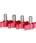 4Pcs 1/4-20 X 1/2 Inch Thumb Screws Paired With Red Anodized Aluminum Tee Wing Knobs showcasing shiny red knobs and stainless steel threads.