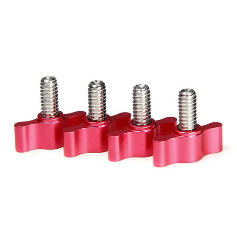 4Pcs 1/4-20 X 1/2 Inch Thumb Screws Paired With Red Anodized Aluminum Tee Wing Knobs showcasing shiny red knobs and stainless steel threads.