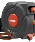 Retractable Garden Hose Reel With One Hundred Thirty Feet Of Reach Automatic Rewind Lock At Any Length Nine Pattern Nozzle One Hundred Eighty Degree Swivel Wall Mounted For Home Yards And Large Backyards Keeps Your Space Neat And Tidy, shown coiled with nozzle
