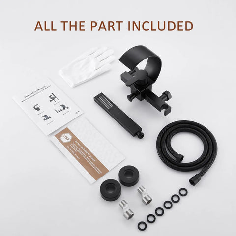 Black Wall Mounted Tub Faucet With Handheld Spray Waterfall Spout Set parts and accessories layout on white surface