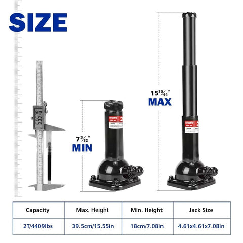 2 Ton Spiral Car Jack With Telescoping Handle, Swivel Top Mechanical Bottle Jack, size comparison display, showing max and min height